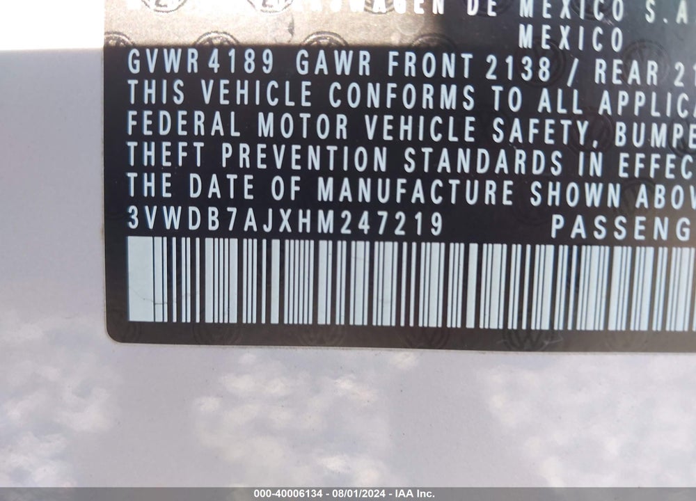 2017 VOLKSWAGEN JETTA 1.4T SE VIN: 3VWDB7AJXHM247219