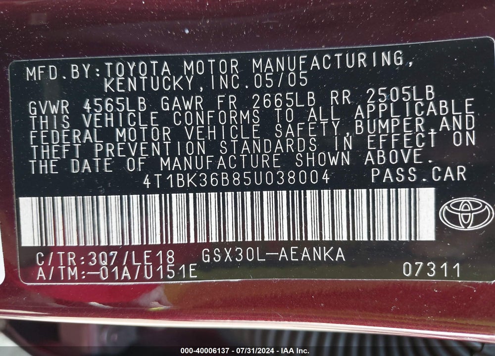 2005 TOYOTA AVALON TOURING VIN: 4T1BK36B85U038004
