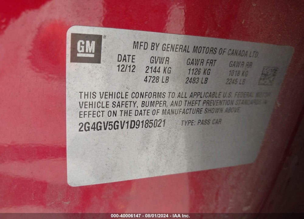 2013 BUICK REGAL GS VIN: 2G4GV5GV1D9185021