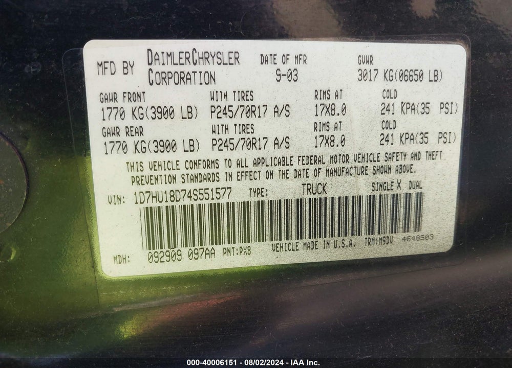 2004 DODGE RAM 1500 SLT/LARAMIE VIN: 1D7HU18D74S551577