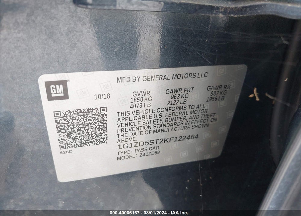 2019 CHEVROLET MALIBU LT VIN: 1G1ZD5ST2KF122464