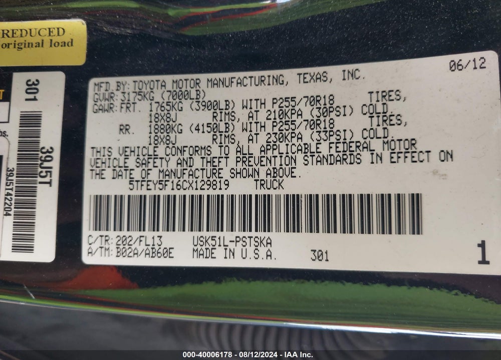 2012 TOYOTA TUNDRA GRADE 5.7L V8 VIN: 5TFEY5F16CX129819