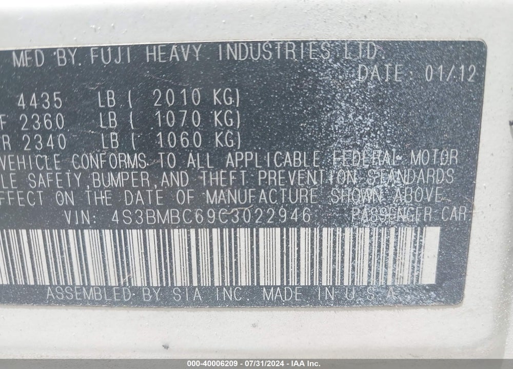 2012 SUBARU LEGACY 2.5I PREMIUM VIN: 4S3BMBC69C3022946