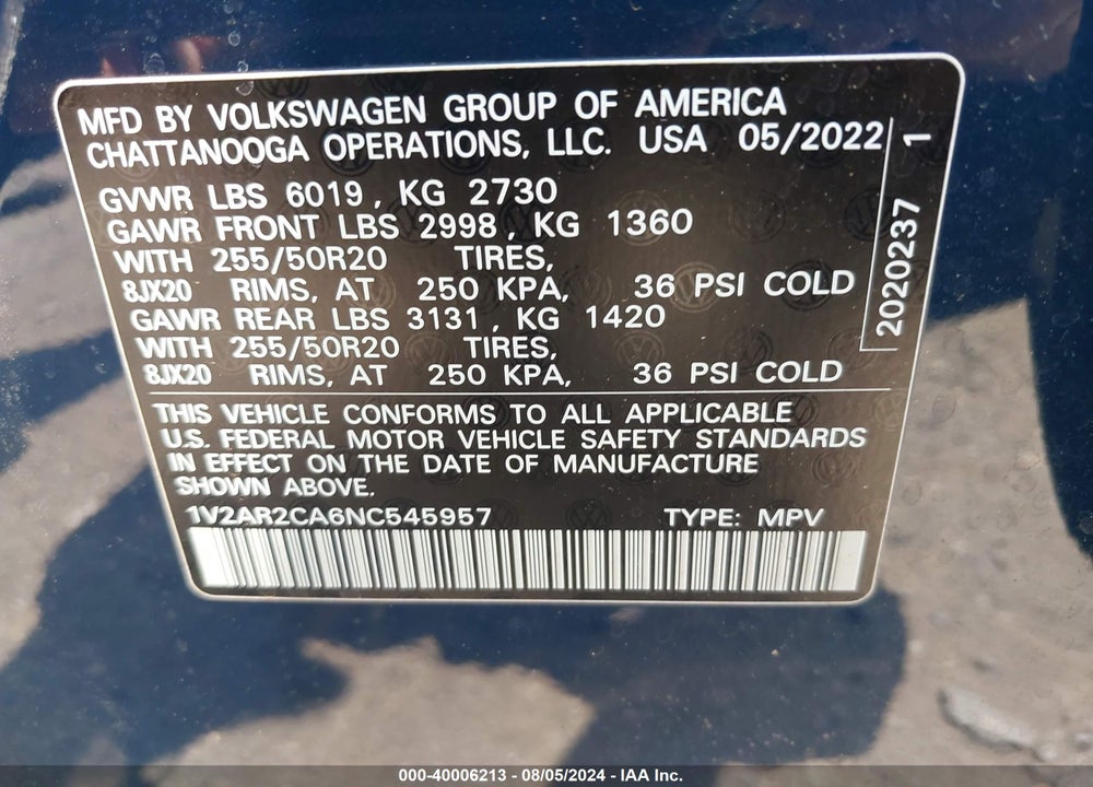 2022 VOLKSWAGEN ATLAS 3.6L V6 SEL R-LINE VIN: 1V2AR2CA6NC545957