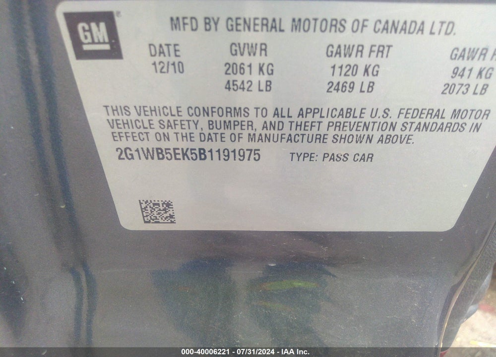 2011 CHEVROLET IMPALA LT VIN: 2G1WB5EK5B1191975