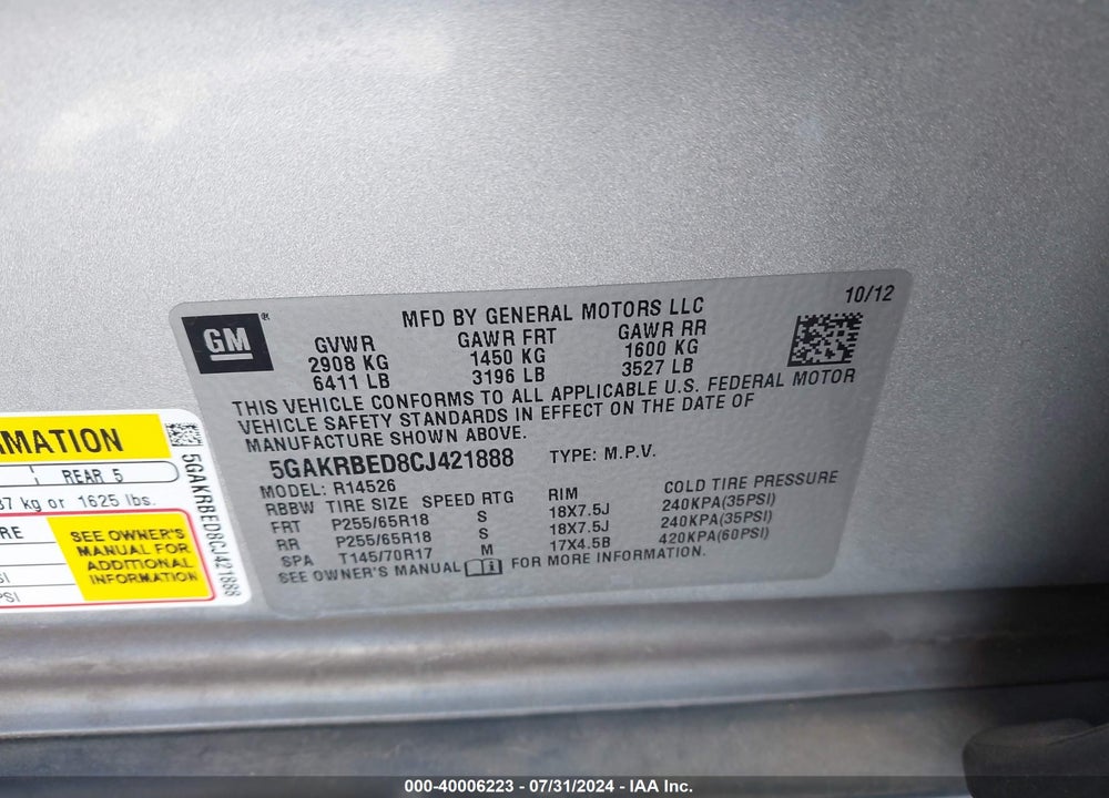 2012 BUICK ENCLAVE CONVENIENCE VIN: 5GAKRBED8CJ421888