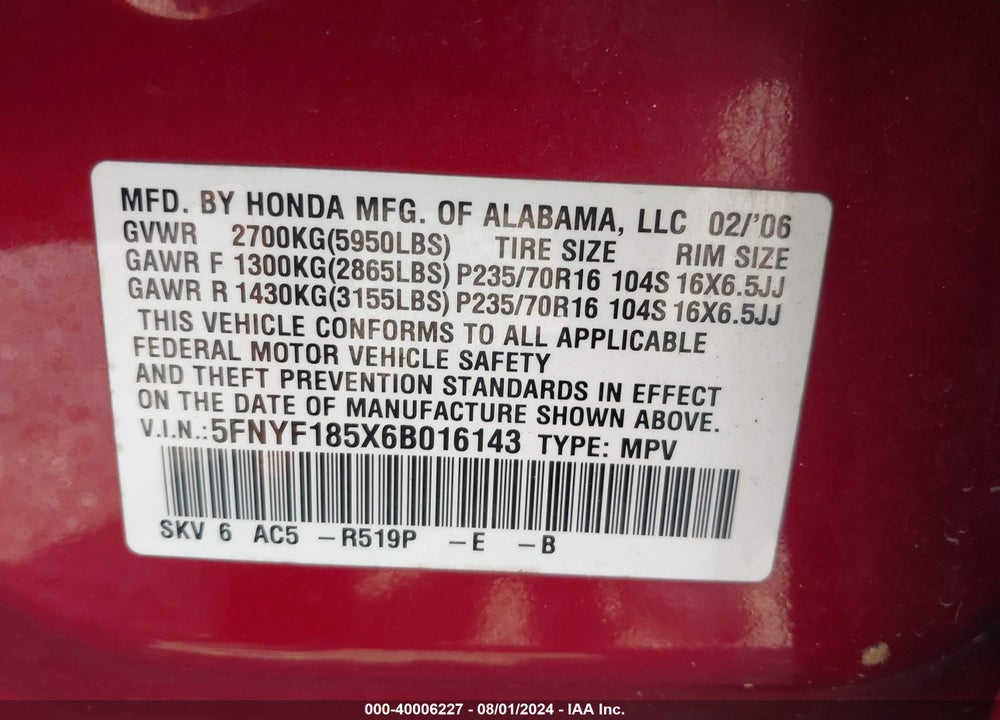 2006 HONDA PILOT EX-L VIN: 5FNYF185X6B016143