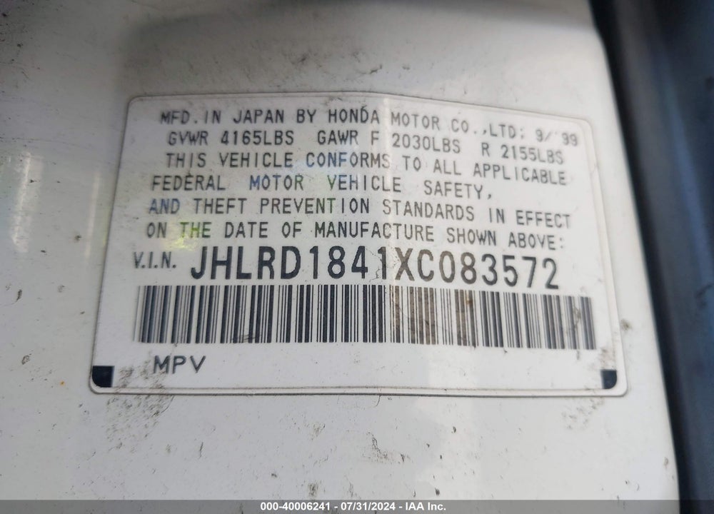 1999 HONDA CR-V LX VIN: JHLRD1841XC083572