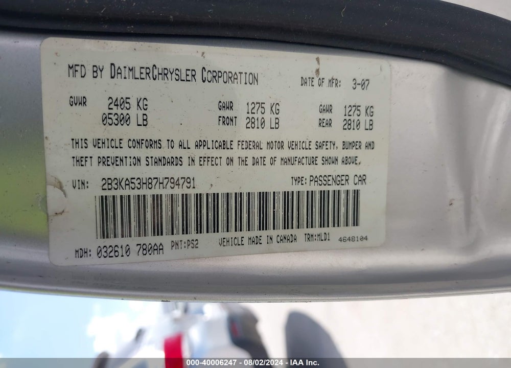 2007 DODGE CHARGER RT VIN: 2B3KA53H87H794791