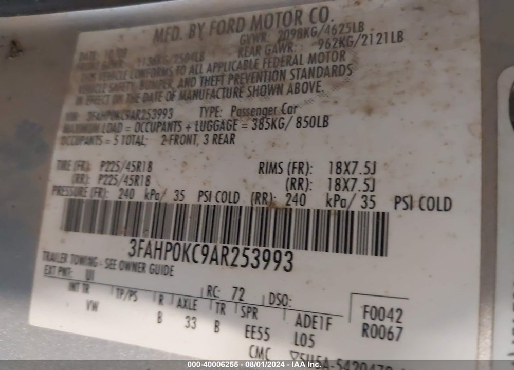 2010 FORD FUSION SPORT VIN: 3FAHP0KC9AR253993