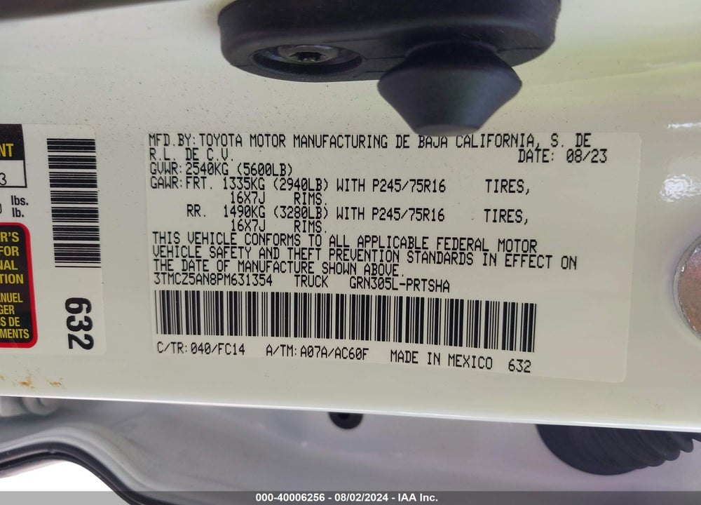 2023 TOYOTA TACOMA SR5 V6 VIN: 3TMCZ5AN8PM631354