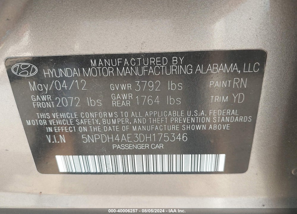 2013 HYUNDAI ELANTRA GLS VIN: 5NPDH4AE3DH175346