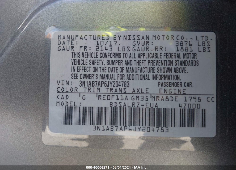 2018 NISSAN SENTRA SR VIN: 3N1AB7AP6JY204783