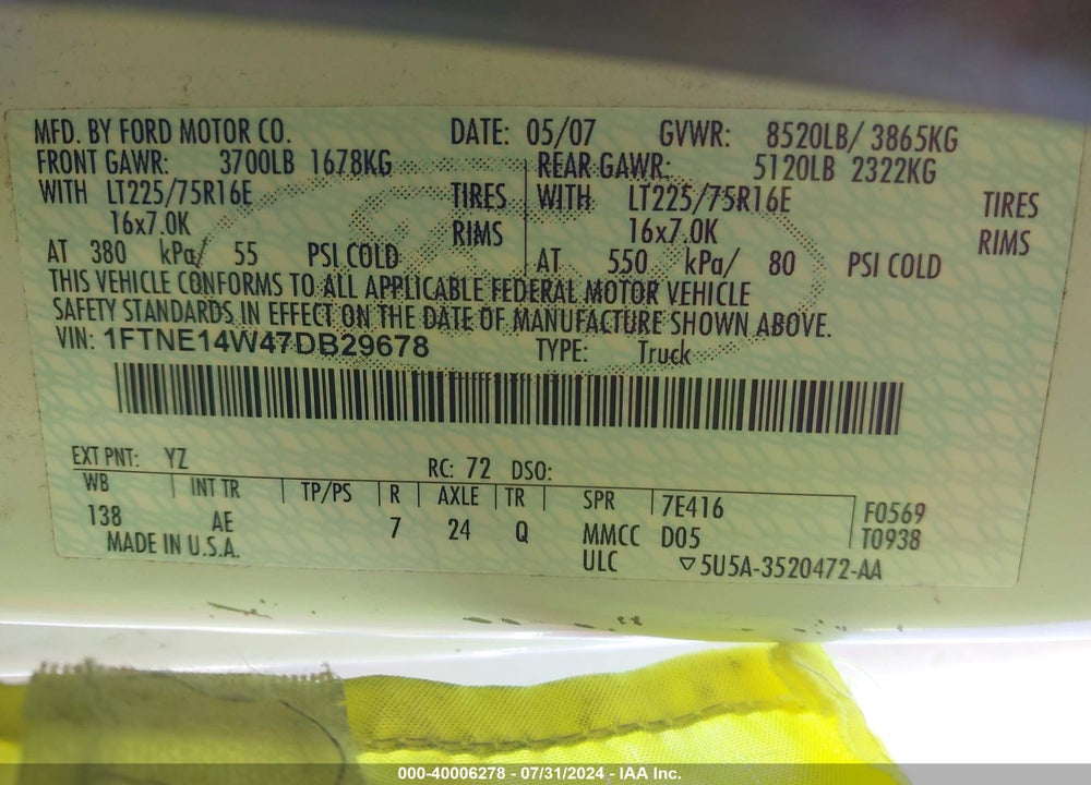 2007 FORD E 150 VIN: 1FTNE14W47DB29678