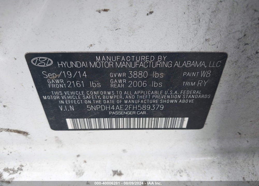 2015 HYUNDAI ELANTRA SE VIN: 5NPDH4AE2FH589379