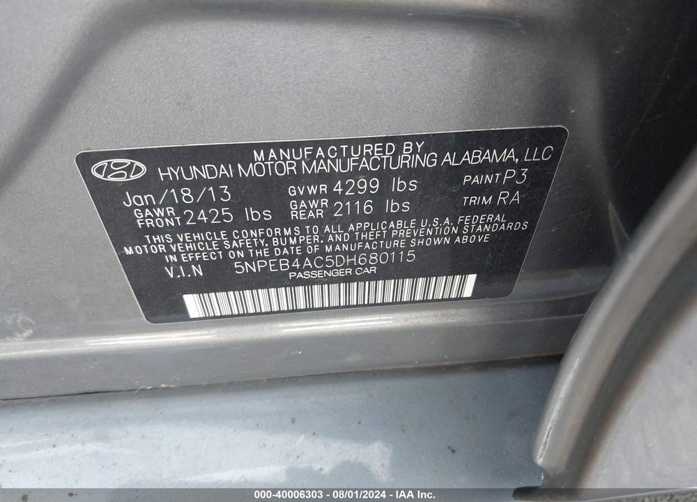 2013 HYUNDAI SONATA GLS VIN: 5NPEB4AC5DH680115