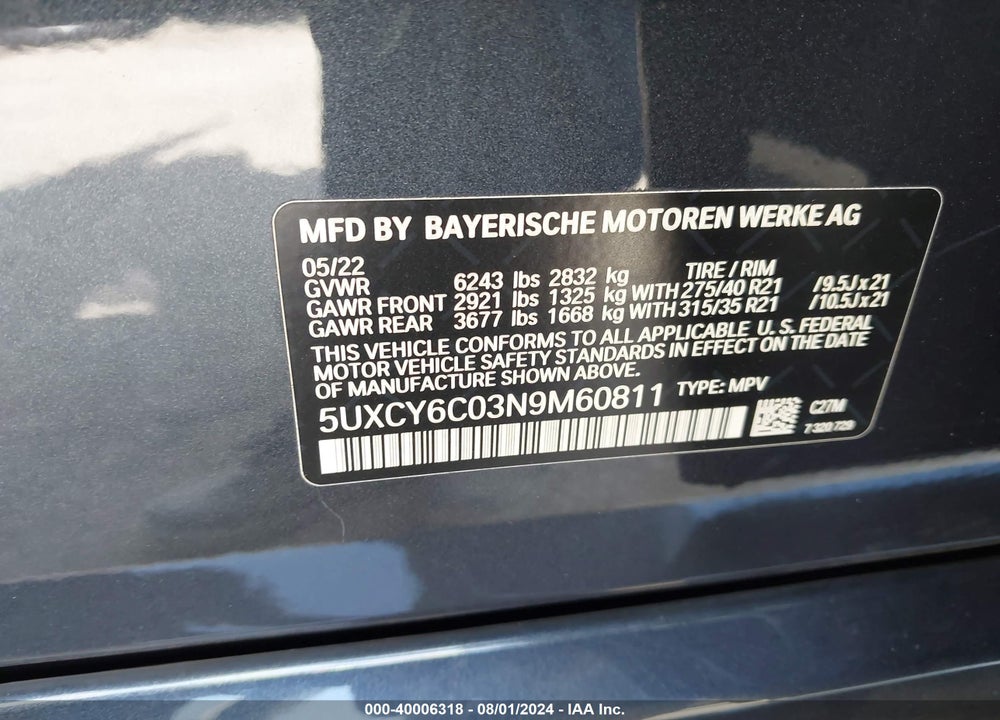 2022 BMW X6 XDRIVE40I VIN: 5UXCY6C03N9M60811