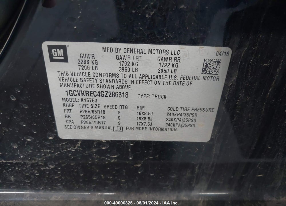 2016 CHEVROLET SILVERADO 1500 1LT VIN: 1GCVKREC4GZ286318