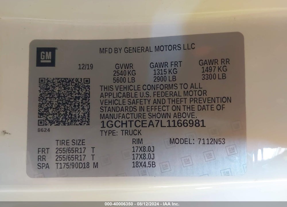 2020 CHEVROLET COLORADO 4WD LONG BOX LT VIN: 1GCHTCEA7L1166981