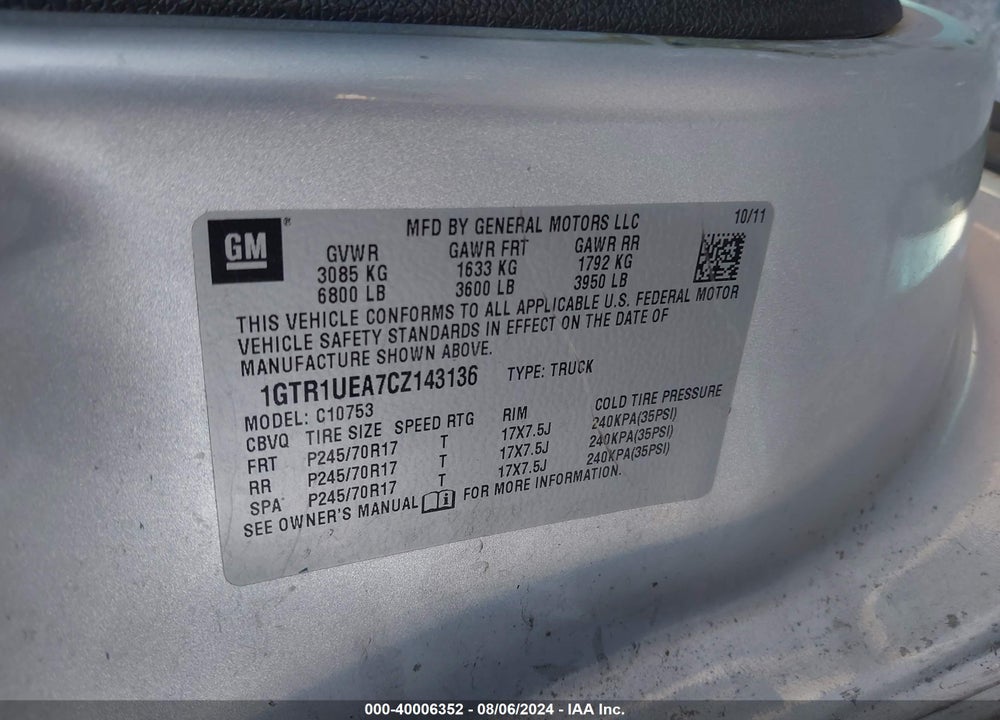 2012 GMC SIERRA 1500 SL VIN: 1GTR1UEA7CZ143136