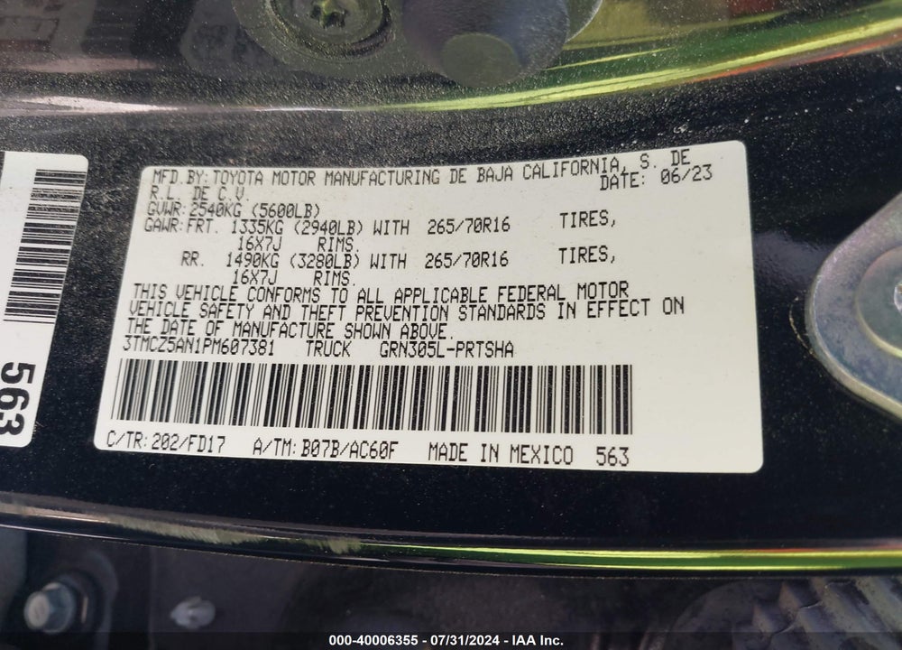 2023 TOYOTA TACOMA VIN: 3TMCZ5AN1PM607381