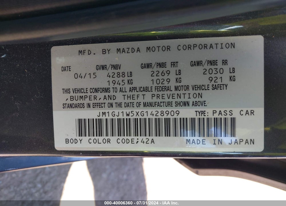 2016 MAZDA 6 I GRAND TOURING VIN: JM1GJ1W5XG1428909