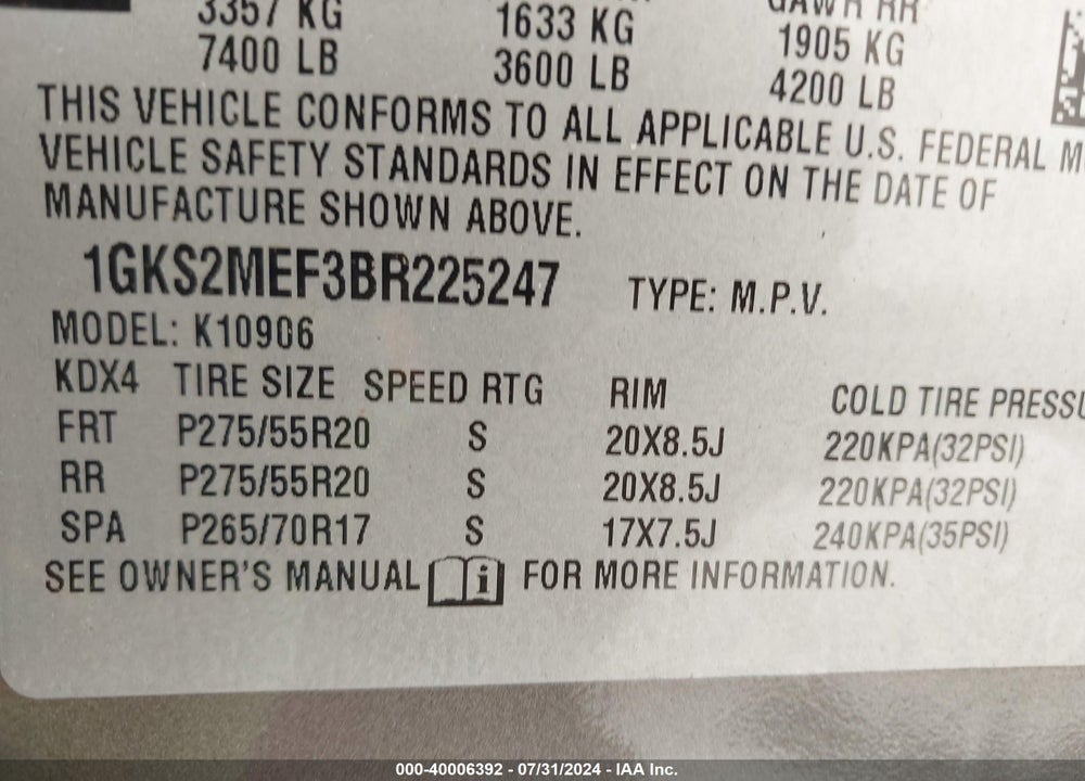 2011 GMC YUKON XL 1500 DENALI VIN: 1GKS2MEF3BR225247