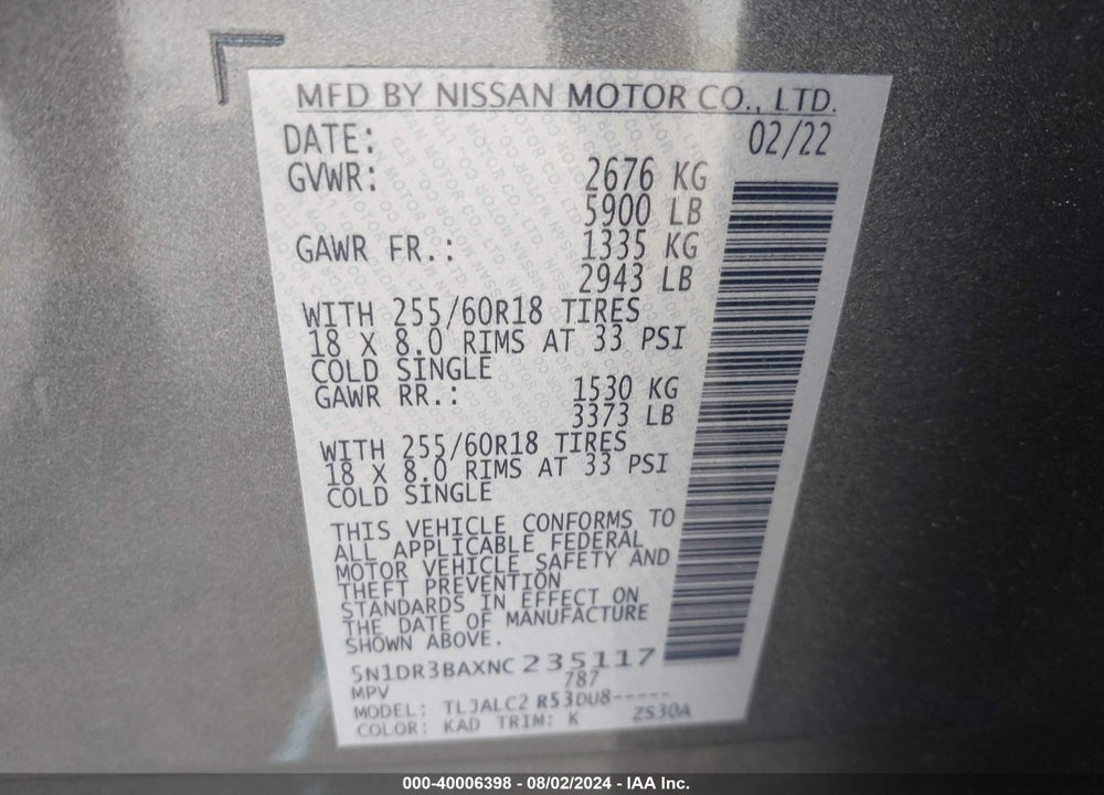 2022 NISSAN PATHFINDER SV 2WD VIN: 5N1DR3BAXNC235117