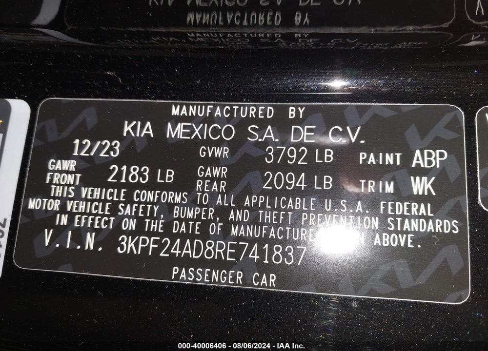 2024 KIA FORTE LXS VIN: 3KPF24AD8RE741837
