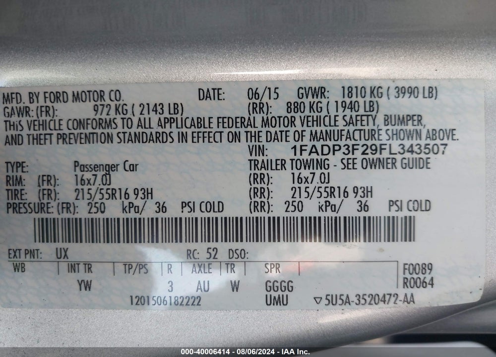 2015 FORD FOCUS SE VIN: 1FADP3F29FL343507