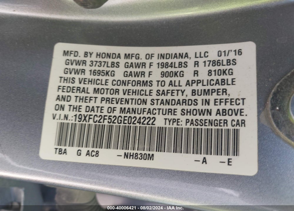 2016 HONDA CIVIC LX VIN: 19XFC2F52GE024222