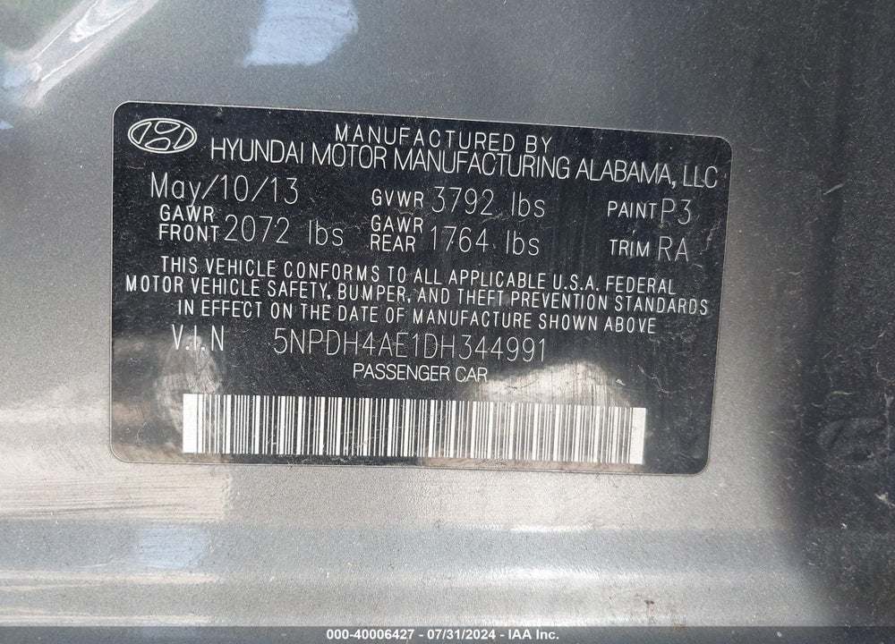 2013 HYUNDAI ELANTRA GLS VIN: 5NPDH4AE1DH344991