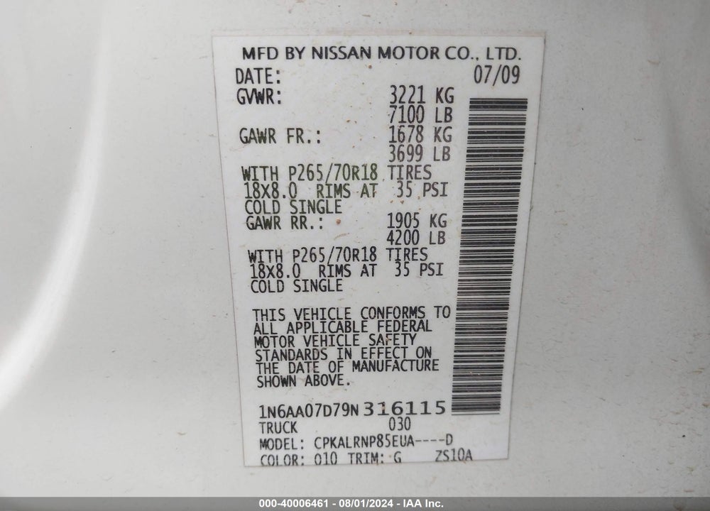 2009 NISSAN TITAN XE VIN: 1N6AA07D79N316115