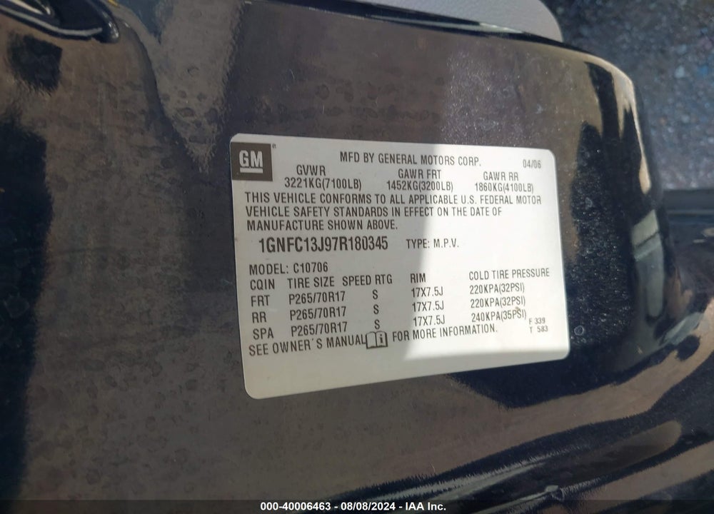 2007 CHEVROLET TAHOE LT VIN: 1GNFC13J97R180345