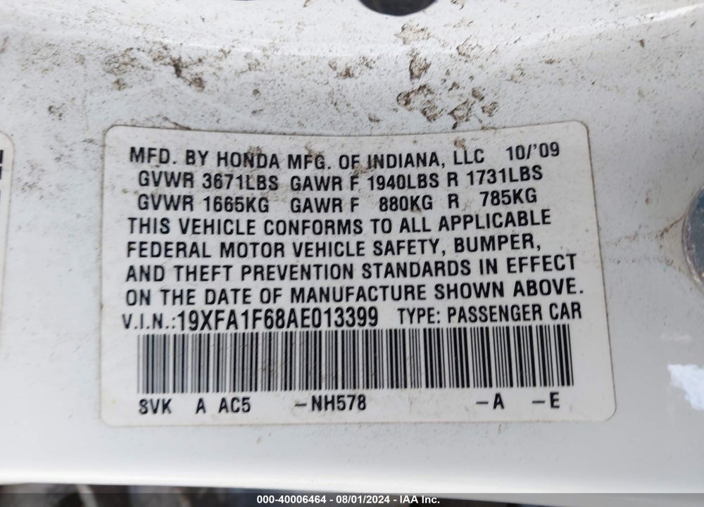 2010 HONDA CIVIC LX-S VIN: 19XFA1F68AE013399