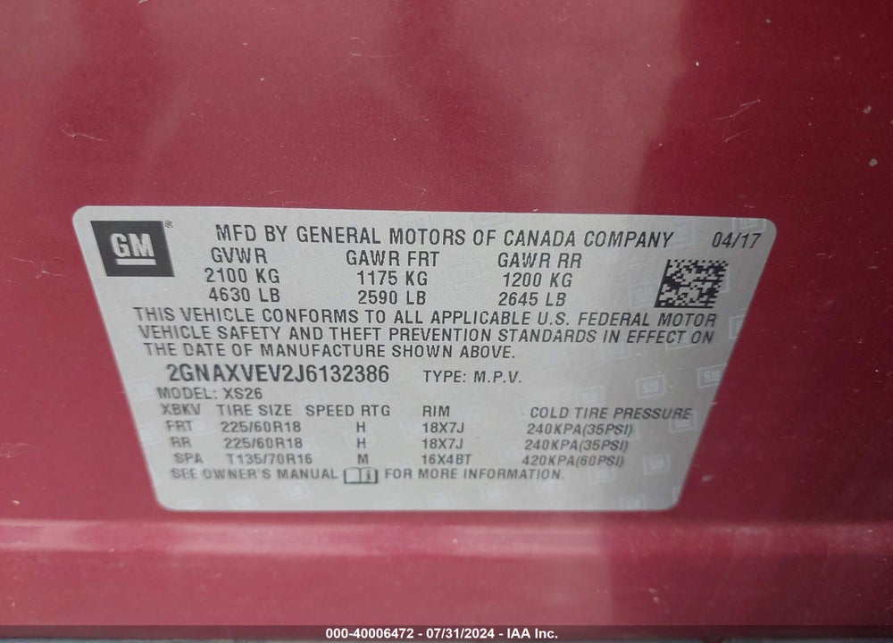 2018 CHEVROLET EQUINOX PREMIER VIN: 2GNAXVEV2J6132386