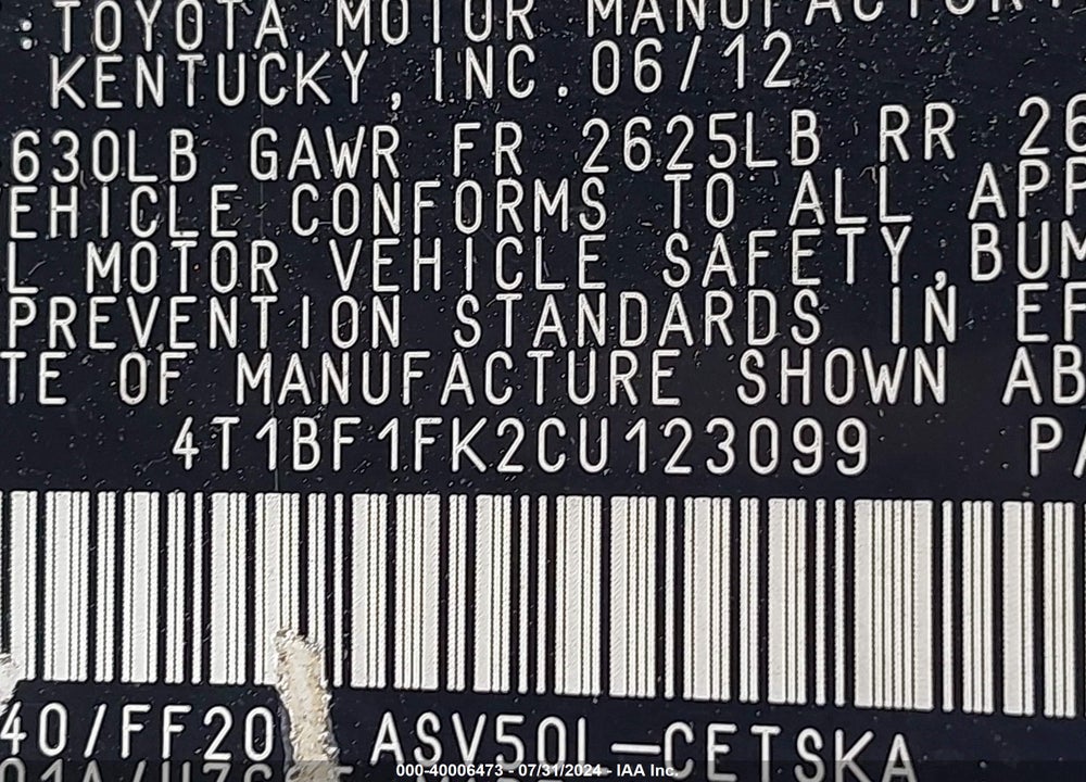 2012 TOYOTA CAMRY SE VIN: 4T1BF1FK2CU123099