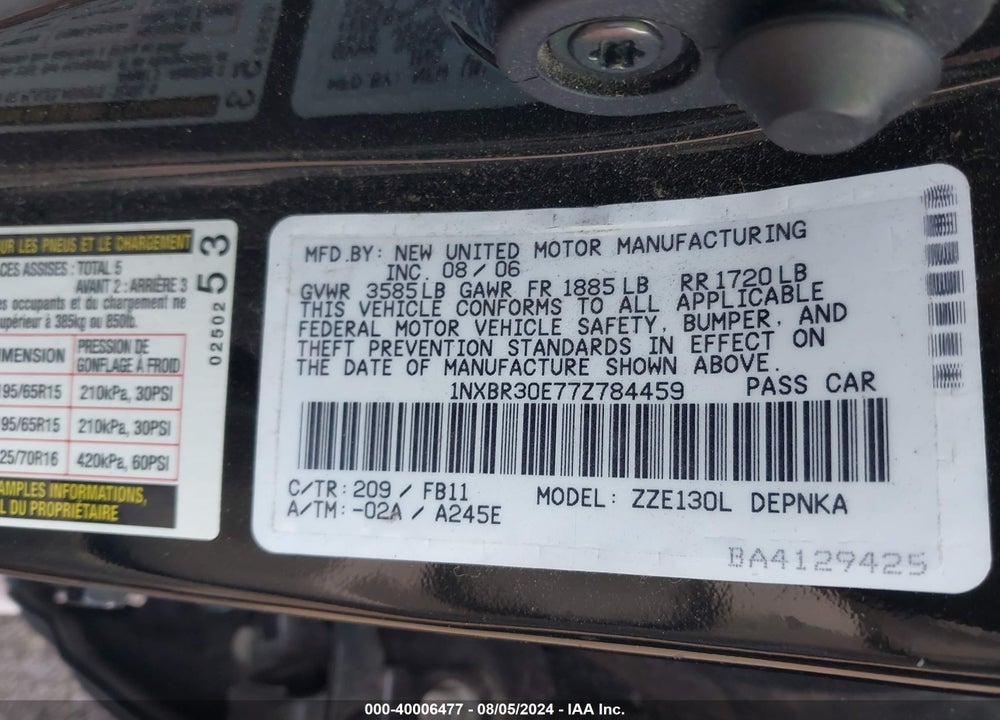 2007 TOYOTA COROLLA LE VIN: 1NXBR30E77Z784459