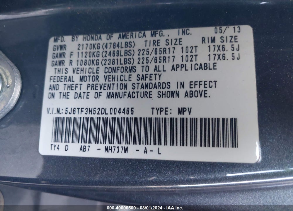 2013 HONDA CROSSTOUR EX-L VIN: 5J6TF3H52DL004465