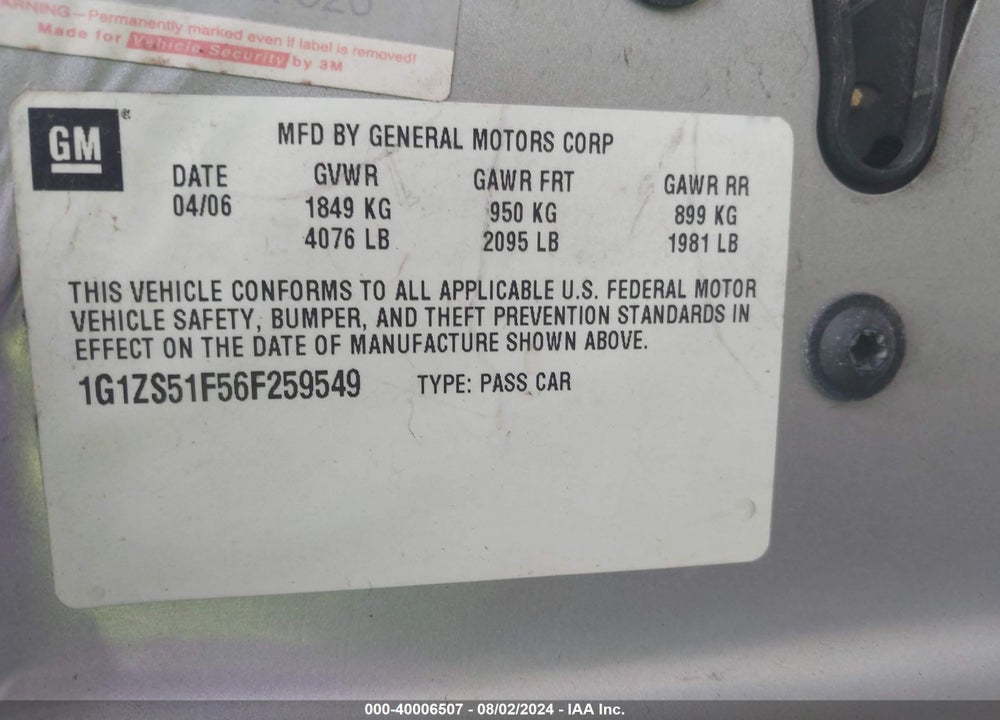 2006 CHEVROLET MALIBU LS VIN: 1G1ZS51F56F259549