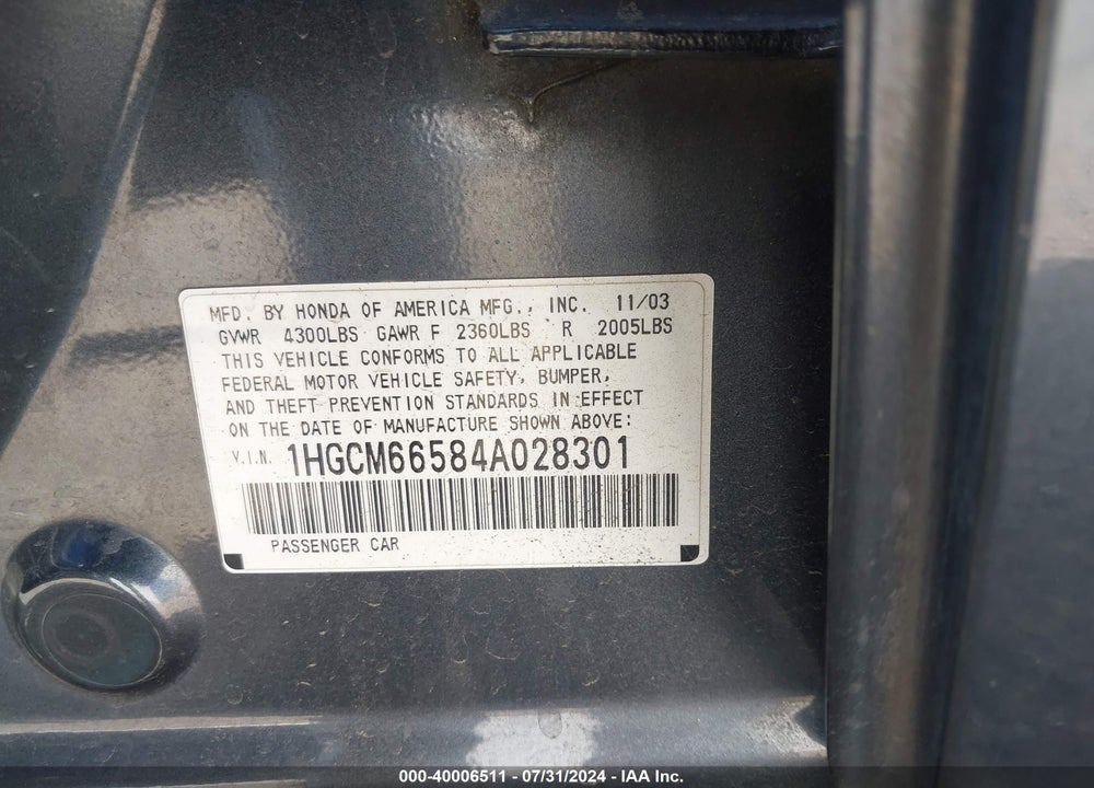 2004 HONDA ACCORD 3.0 EX VIN: 1HGCM66584A028301