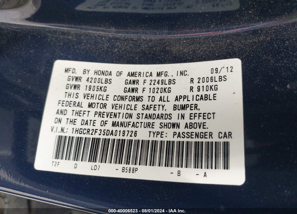2013 HONDA ACCORD LX VIN: 1HGCR2F35DA019726