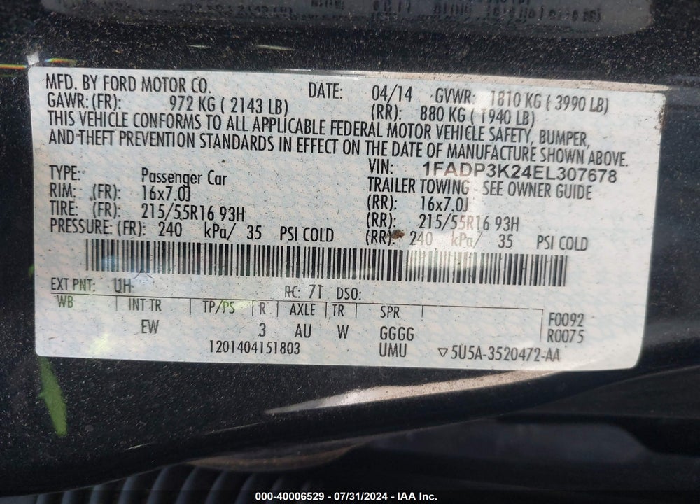 2014 FORD FOCUS SE VIN: 1FADP3K24EL307678