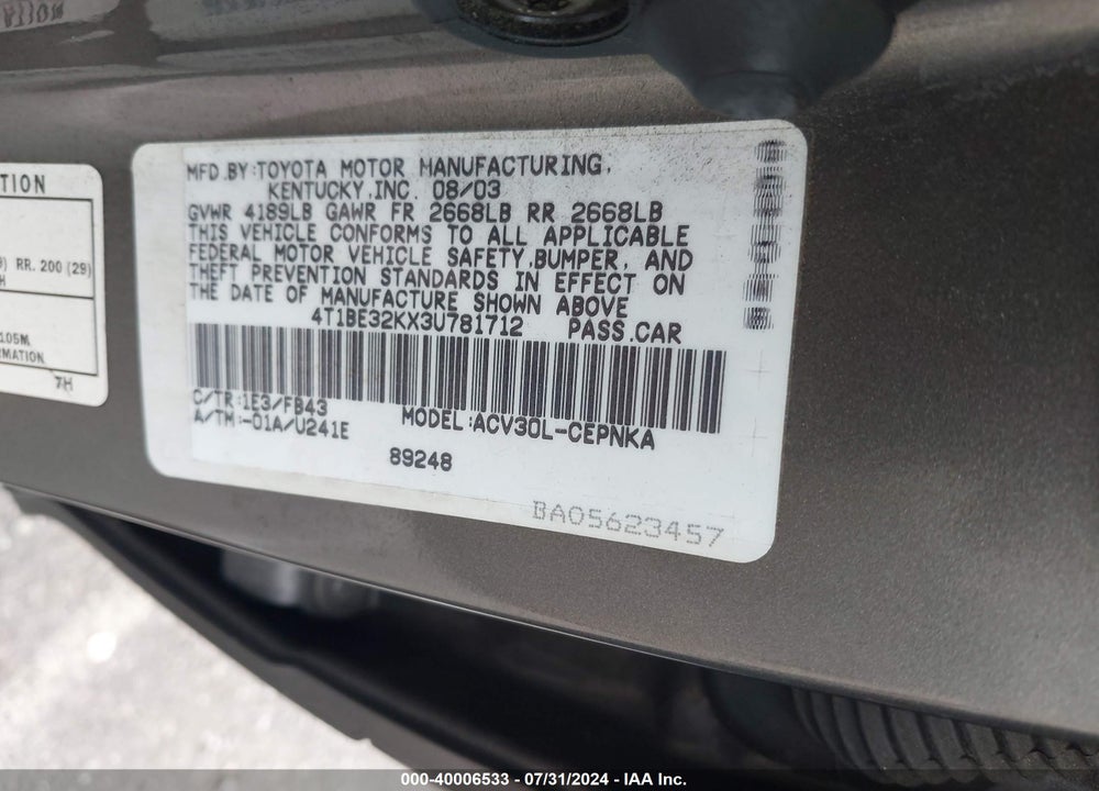 2003 TOYOTA CAMRY LE VIN: 4T1BE32KX3U781712