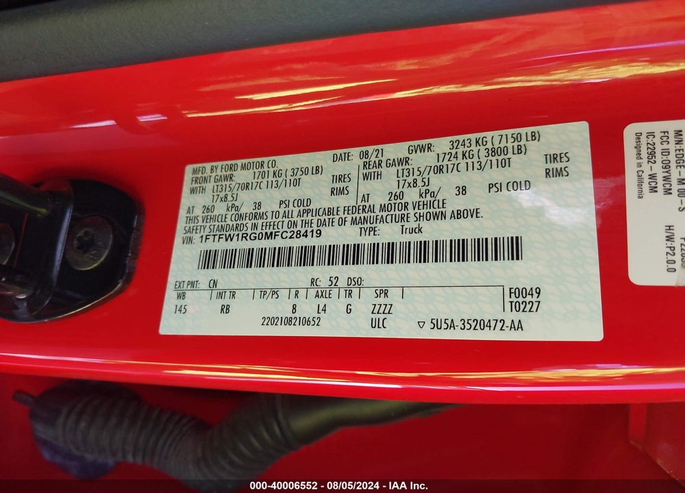 2021 FORD F-150 RAPTOR VIN: 1FTFW1RG0MFC28419