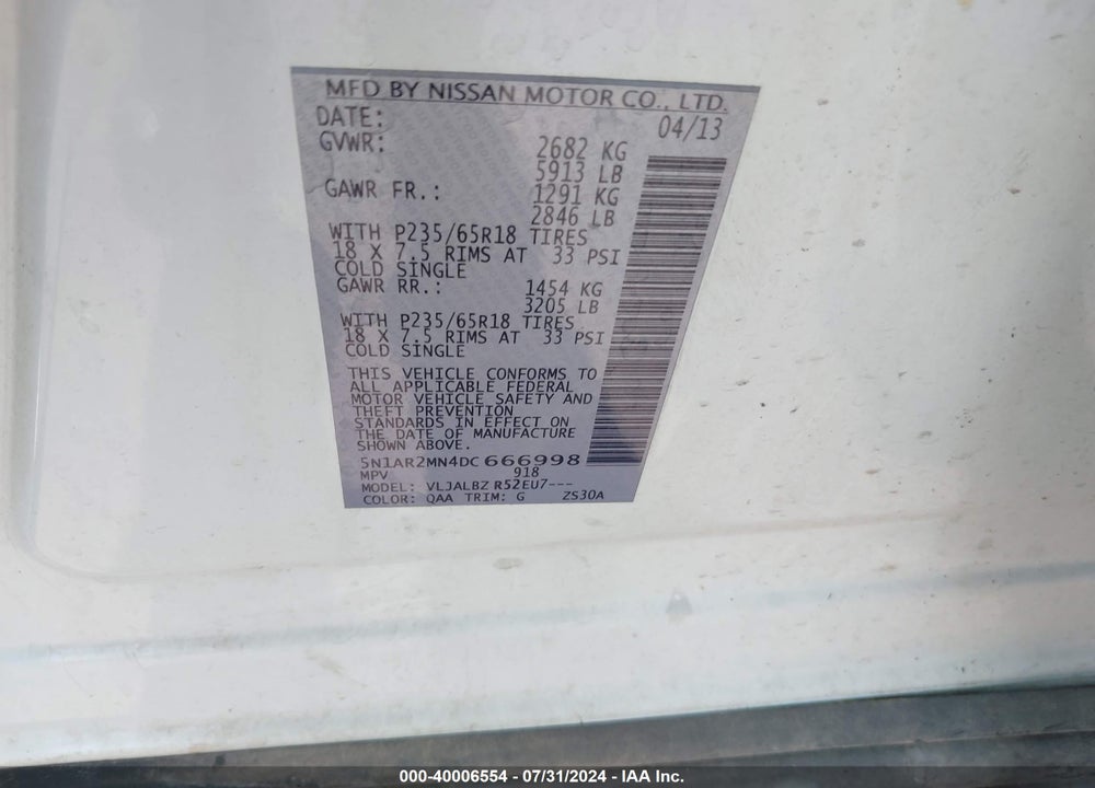 2013 NISSAN PATHFINDER S VIN: 5N1AR2MN4DC666998