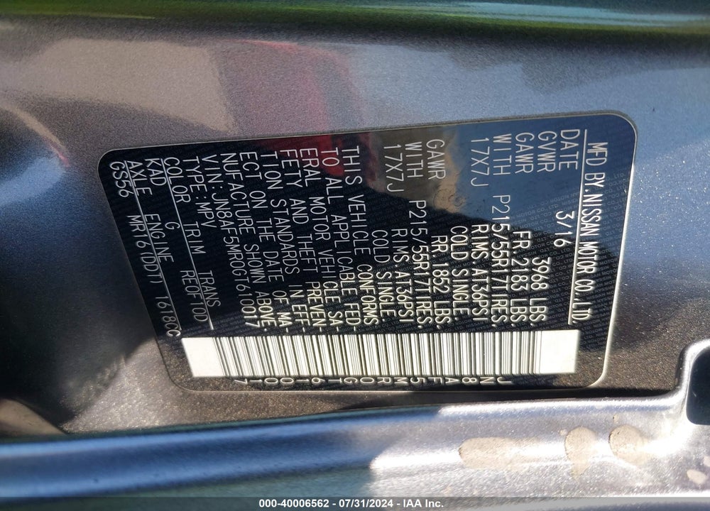 2016 NISSAN JUKE VIN: JN8AF5MR0GT610017