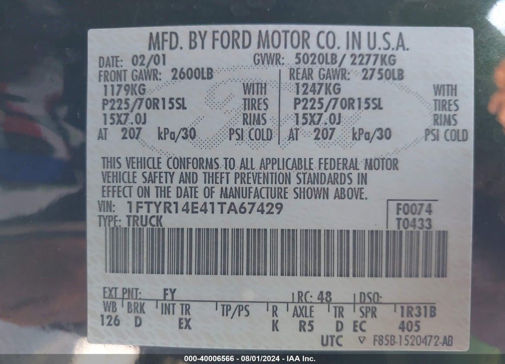 2001 FORD RANGER EDGE/XLT VIN: 1FTYR14E41TA67429