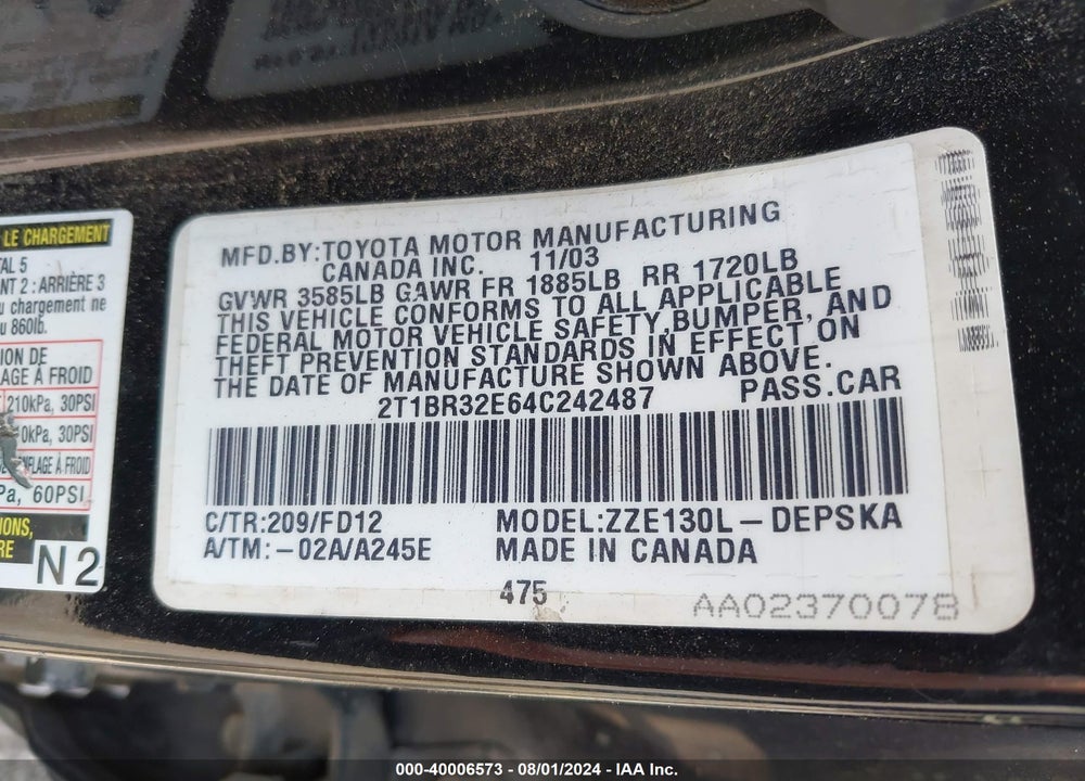 2004 TOYOTA COROLLA S VIN: 2T1BR32E64C242487