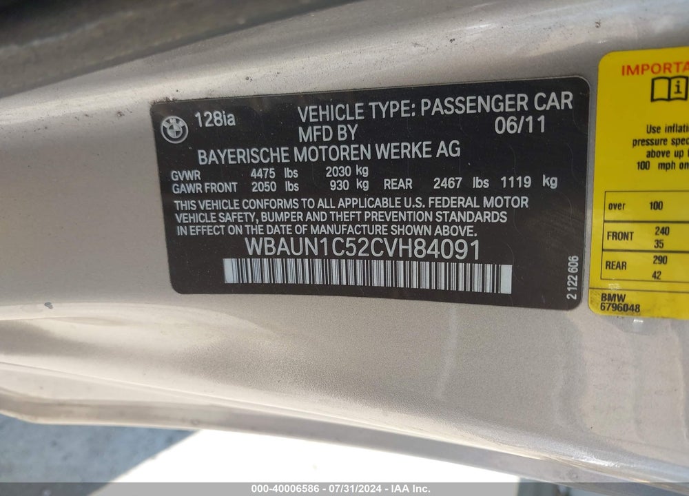 2012 BMW 128I VIN: WBAUN1C52CVH84091